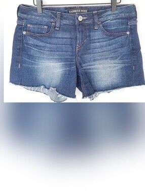 Express | Denim Dark wash cut off jean shorts with raw hem Size 4
